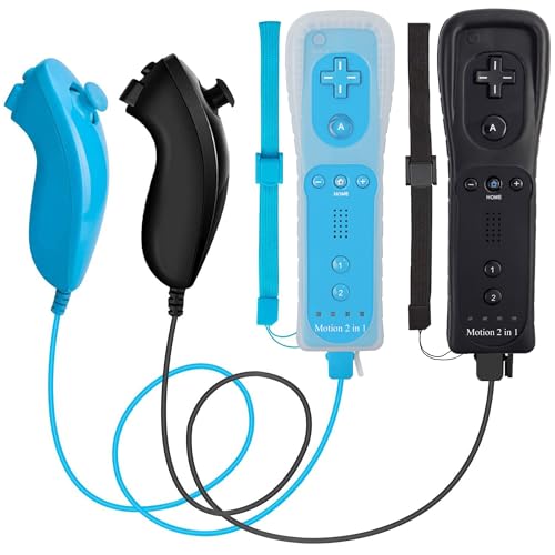 ECRABONE Wii Remotes and Nunchuck Controller 2 Pack, Wii Remote with Motion Plus Compatible with Wii & Wii U Console | Wii Remote Controller with Shock Function (Black + Blue) - Image 1