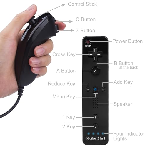 ECRABONE Wii Remotes and Nunchuck Controller 2 Pack, Wii Remote with Motion Plus Compatible with Wii & Wii U Console | Wii Remote Controller with Shock Function (Black + Blue) - Image 2