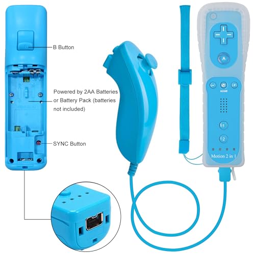 ECRABONE Wii Remotes and Nunchuck Controller 2 Pack, Wii Remote with Motion Plus Compatible with Wii & Wii U Console | Wii Remote Controller with Shock Function (Black + Blue) - Image 3