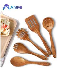 Anmi 5 Pieces Wooden Spoons for Cooking ，Wooden Kitchen Utensil Set made of Natural Solid Wood Material , Includes Salad Spoons, Strainer Spoon, Salad Fork, Mixing Spoon,Slotted Spatula  - Image 1