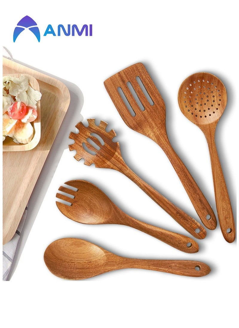 Anmi 5 Pieces Wooden Spoons for Cooking ，Wooden Kitchen Utensil Set made of Natural Solid Wood Material , Includes Salad Spoons, Strainer Spoon, Salad Fork, Mixing Spoon,Slotted Spatula  - Image 1