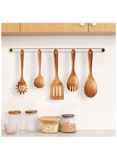 Anmi 5 Pieces Wooden Spoons for Cooking ，Wooden Kitchen Utensil Set made of Natural Solid Wood Material , Includes Salad Spoons, Strainer Spoon, Salad Fork, Mixing Spoon,Slotted Spatula  - Image 4