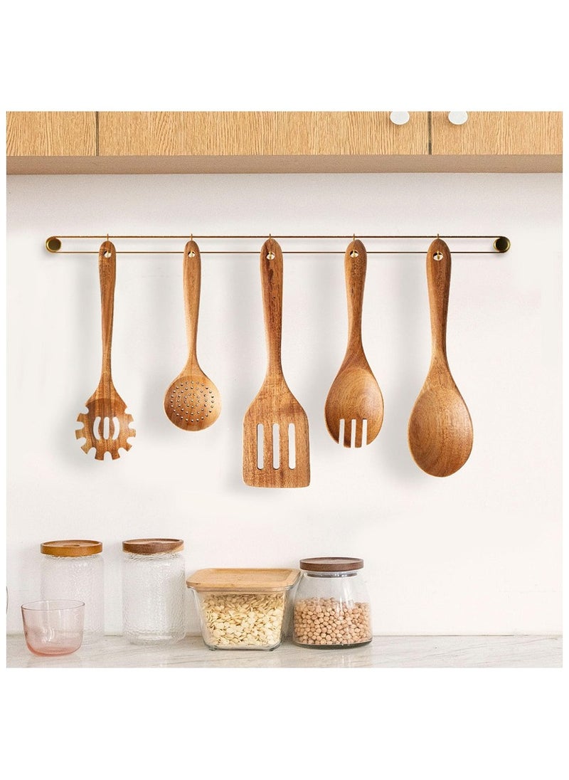 Anmi 5 Pieces Wooden Spoons for Cooking ，Wooden Kitchen Utensil Set made of Natural Solid Wood Material , Includes Salad Spoons, Strainer Spoon, Salad Fork, Mixing Spoon,Slotted Spatula  - Image 4
