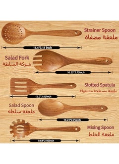 Anmi 5 Pieces Wooden Spoons for Cooking ，Wooden Kitchen Utensil Set made of Natural Solid Wood Material , Includes Salad Spoons, Strainer Spoon, Salad Fork, Mixing Spoon,Slotted Spatula  - Image 2
