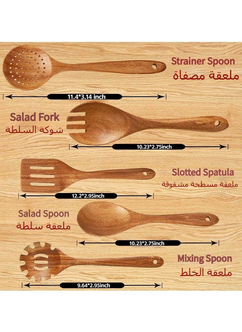 Anmi 5 Pieces Wooden Spoons for Cooking ，Wooden Kitchen Utensil Set made of Natural Solid Wood Material , Includes Salad Spoons, Strainer Spoon, Salad Fork, Mixing Spoon,Slotted Spatula  - Image 2