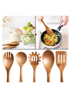 Anmi 5 Pieces Wooden Spoons for Cooking ，Wooden Kitchen Utensil Set made of Natural Solid Wood Material , Includes Salad Spoons, Strainer Spoon, Salad Fork, Mixing Spoon,Slotted Spatula  - Image 3
