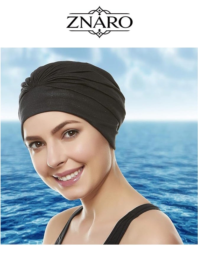 ZNARO Women Turban Swim Cap, Elastic Pleated Swimming Cap for Long and Short Hair, Soft Bathing Bonnet Beanie for Pool Beach - Image 1