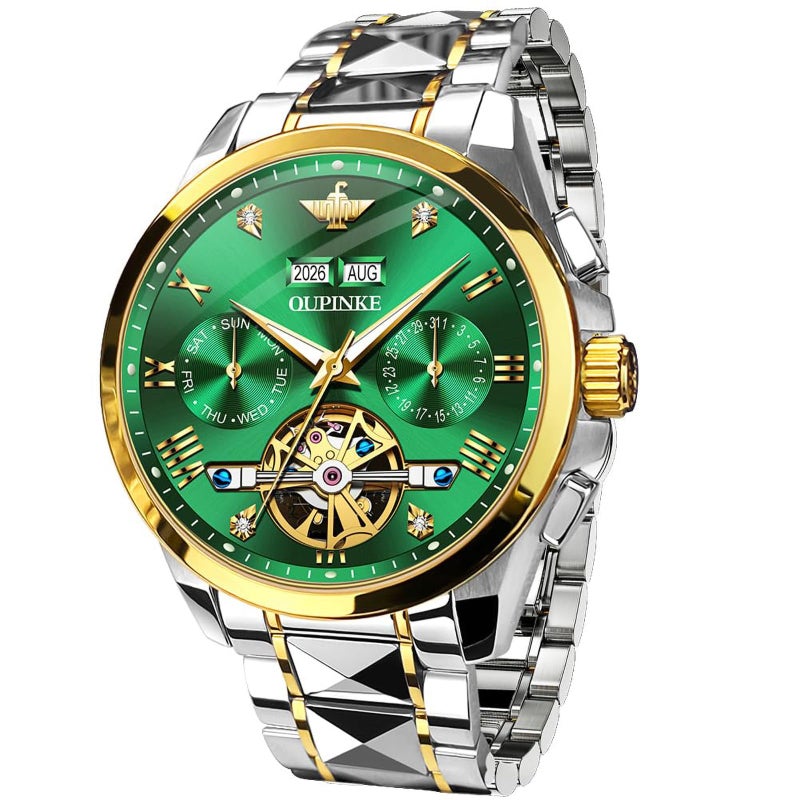 OUPINKE Watches for Men Skeleton Big Face Automatic Mechanical Tungsten Steel Business Waterproof Self Winding Best Gifts Watches for Men Green