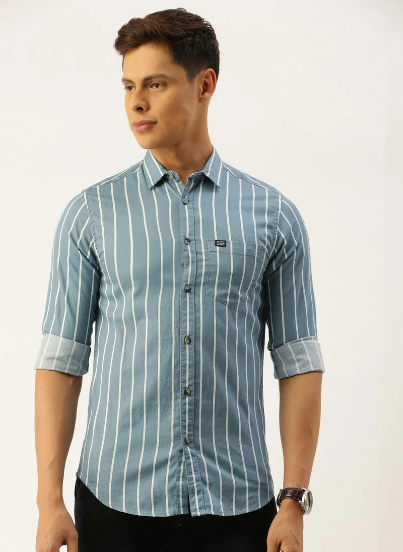 The Indian Garage Co Men Slim Fit Striped Full Sleeves Cutaway Collar Casual Shirt