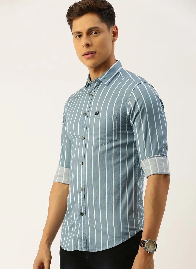 The Indian Garage Co Men Slim Fit Striped Full Sleeves Cutaway Collar Casual Shirt