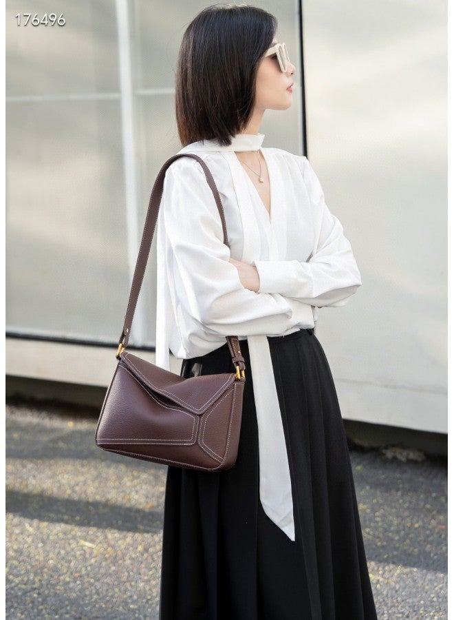 Jump up New Women's Bag Genuine Leather Shoulder Crossbody Women's Bag Top Layer Cowhide Geometric Splice Bag Jie Color Bag - Image 1