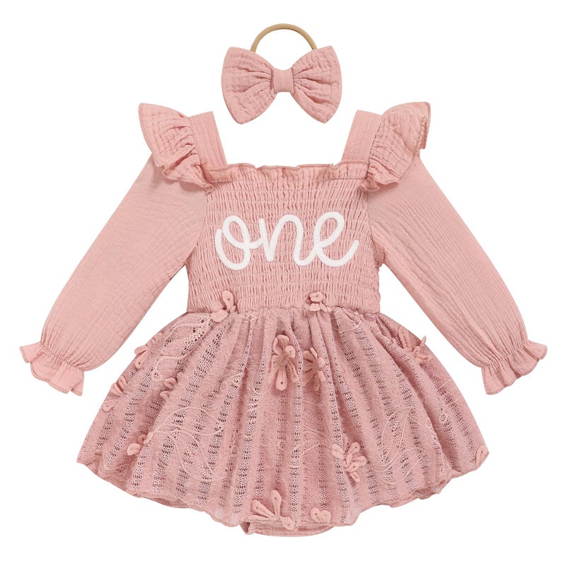 TITKKOP Baby Girl 1st Birthday Clothes One Year Old Tulle Romper Long Sleeve Bodysuit Cake Smash Outfits(sun-rose pink,12-18M) - Image 1