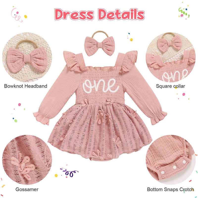 TITKKOP Baby Girl 1st Birthday Clothes One Year Old Tulle Romper Long Sleeve Bodysuit Cake Smash Outfits(sun-rose pink,12-18M) - Image 5