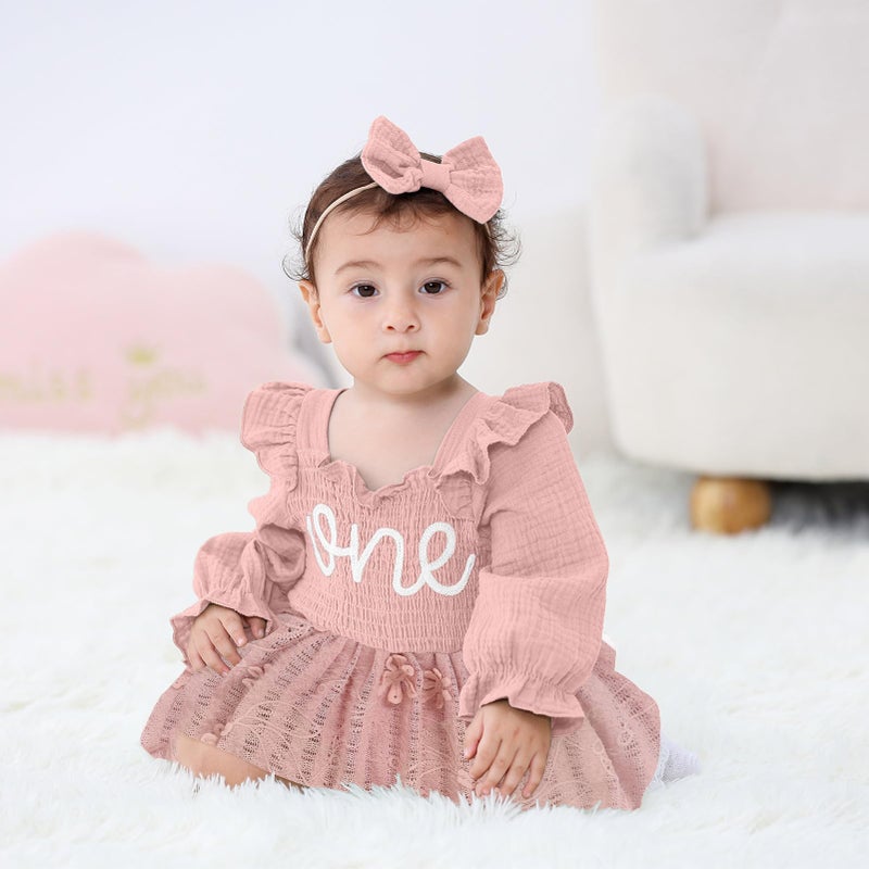 TITKKOP Baby Girl 1st Birthday Clothes One Year Old Tulle Romper Long Sleeve Bodysuit Cake Smash Outfits(sun-rose pink,12-18M) - Image 2