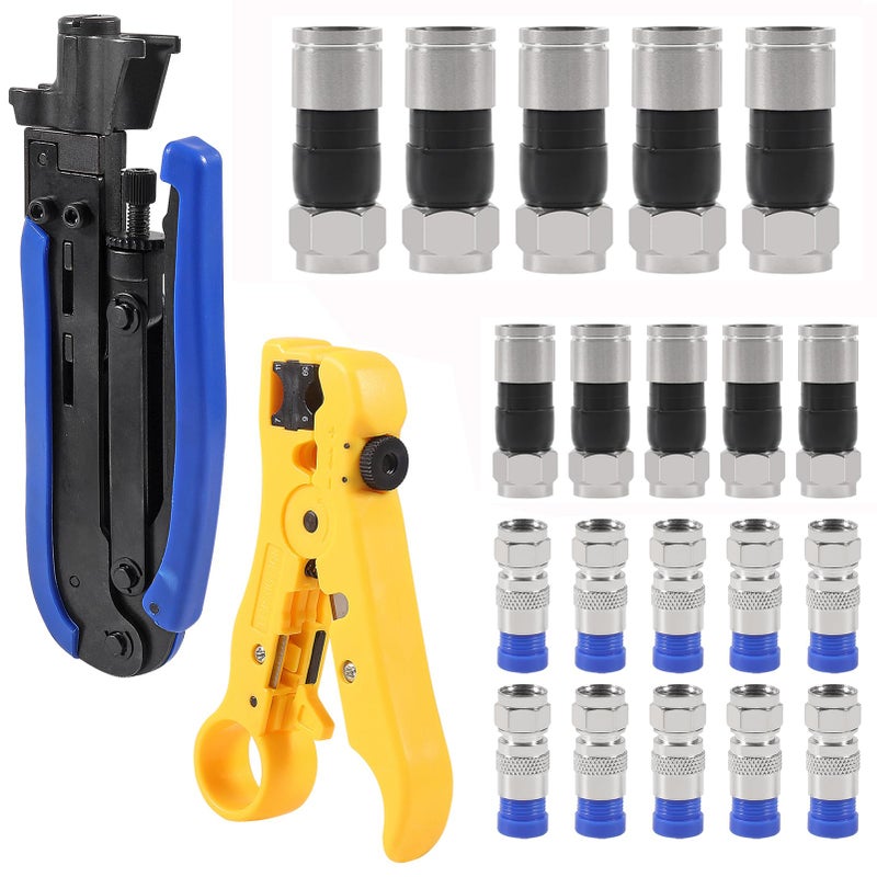 SHUTAO 20Pcs F Type RG6 Compression Connectors Coaxial Cable Crimper Kit with Wire Stripper Repair Tool Compatible with RG59 RG6 RG11 Compatible Adjustable Tool for Satellite TV Home Use - Image 2