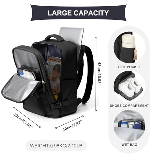 coowoz Travel Backpack For Women Men Airline Approved,Black Carry On Backpack,Large Hiking Laptop College Backpacks Waterproof Outdoor Sports Rucksack Casual Daypack Fit 15.6 Inch Backpacks - Image 3
