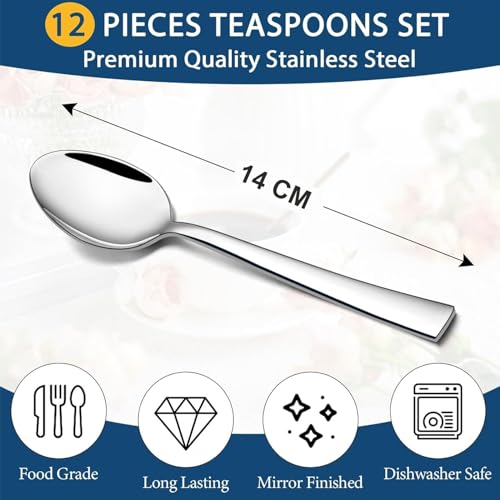 Voir Stainless Steel Spoons Set of 12, Dinning, Dinner Spoons, Table Spoon Length 14cm, Food Grade Silverware for Home & Kitchen- Mirror Polished, 12 Silver Spoons - Image 3