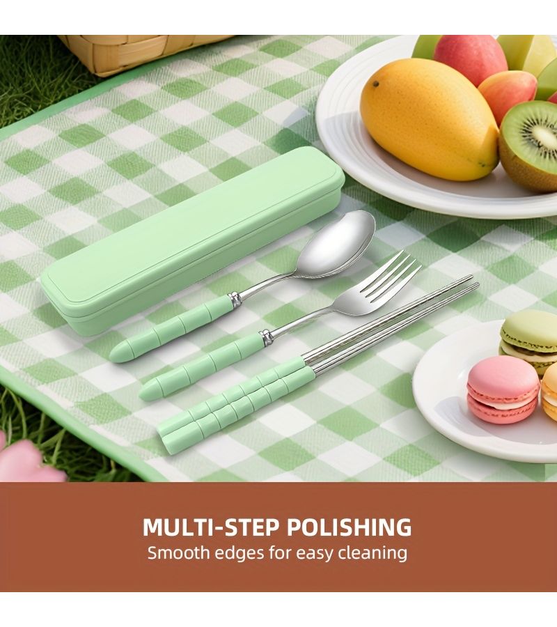 Light Green Stainless Steel Travel Cutlery Set 4pcs with Case - Image 5