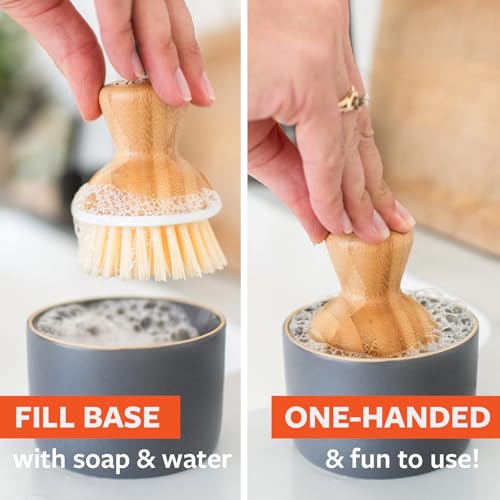 Full Circle Bubble Up Bamboo Dish Brush & Ceramic Soap Dispenser – Family Safe, Formaldehyde-Free – Kitchen Scrub Brush for Dishes, Nonstick & Cast Iron, White - Image 4
