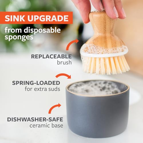 Full Circle Bubble Up Bamboo Dish Brush & Ceramic Soap Dispenser – Family Safe, Formaldehyde-Free – Kitchen Scrub Brush for Dishes, Nonstick & Cast Iron, White - Image 3