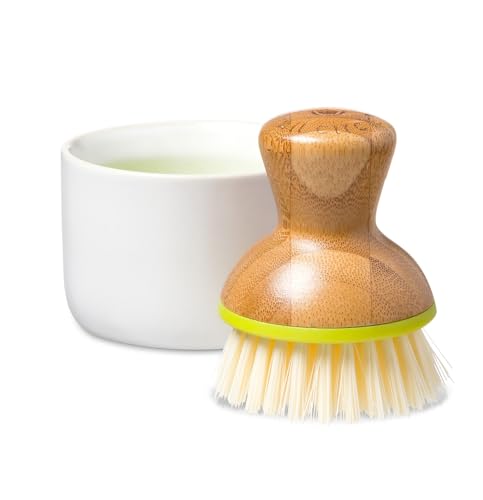 Full Circle Bubble Up Bamboo Dish Brush & Ceramic Soap Dispenser – Family Safe, Formaldehyde-Free – Kitchen Scrub Brush for Dishes, Nonstick & Cast Iron, White - Image 1
