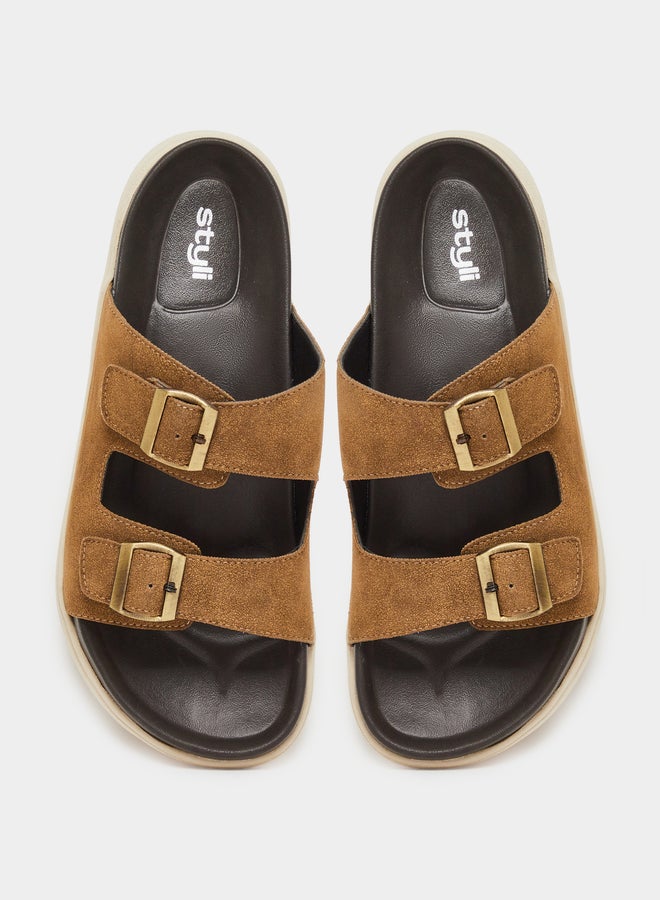 Styli Tan Double Strap Buckle Comfort Sandals - Image 3