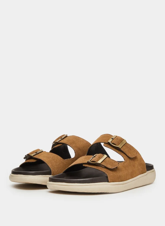 ستايلي Tan Double Strap Buckle Comfort Sandals