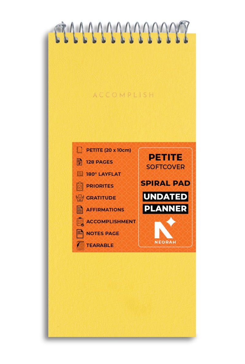 NEORAH—PETITE Daily To Do List Pad | 128 Pages | 20.0 x 10.0 cm | Daily + Hourly Split + Notes page | Durable Metal Spiral Desk Notepad + tear off sheets | Journal, Office Work Planner (YELLOW) - Image 1