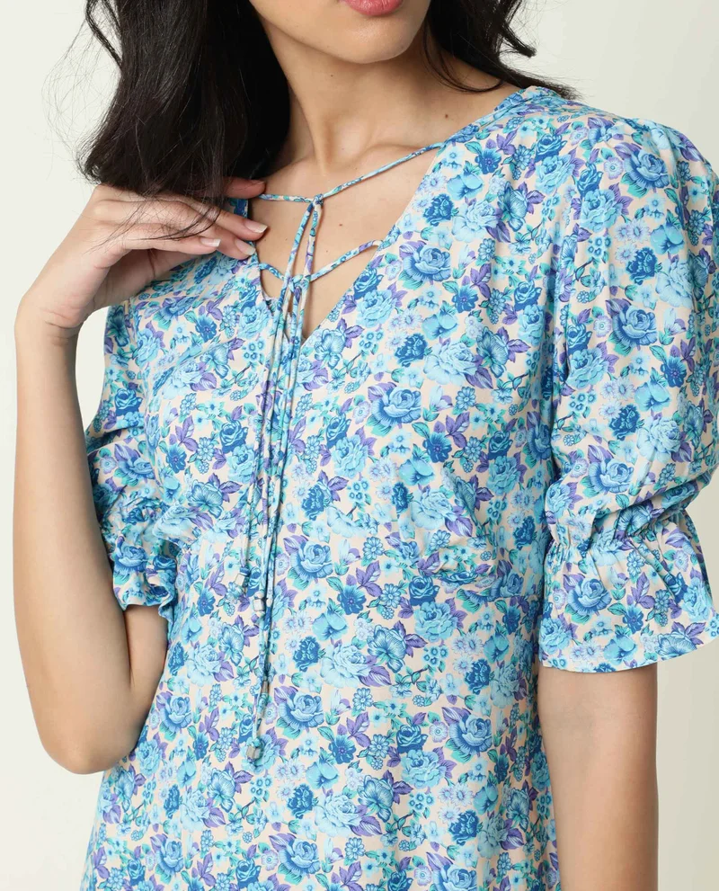 Rareism Women's Tie Up Detail Ruffled Hem A Line Mini Dress
