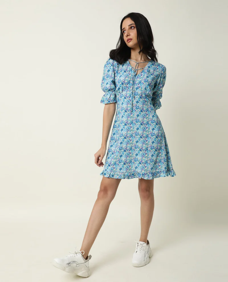 Rareism Women's Tie Up Detail Ruffled Hem A Line Mini Dress