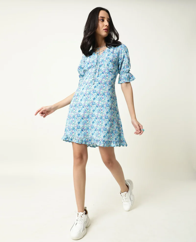 ريريزم Women's Tie Up Detail Ruffled Hem A Line Mini Dress
