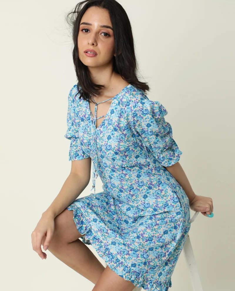 ريريزم Women's Tie Up Detail Ruffled Hem A Line Mini Dress