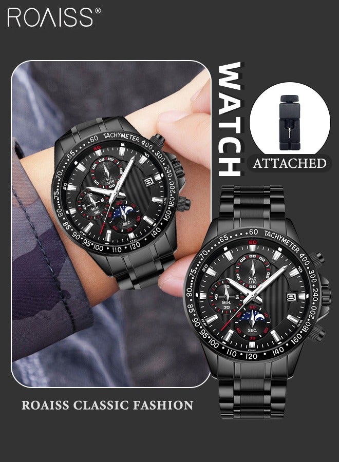 roaiss Men's Stainless Steel Strap Quartz Watch Round Dial with Date Display and Chronograph Bezel Waterproof Luminous  Luxury Wristwatch as Gift for Men - Image 1