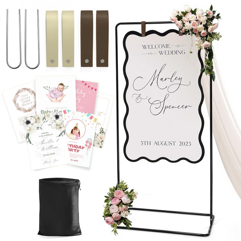 Victawks Wedding Welcome Sign Stand, Welcome to our Wedding Sign Holder, Black Easel Stand for Sign Poster With Design Bundle & Ground Stakes & Leather Sign Hanging Straps, Linen Sign Stand for Wedding Decor - Image 1