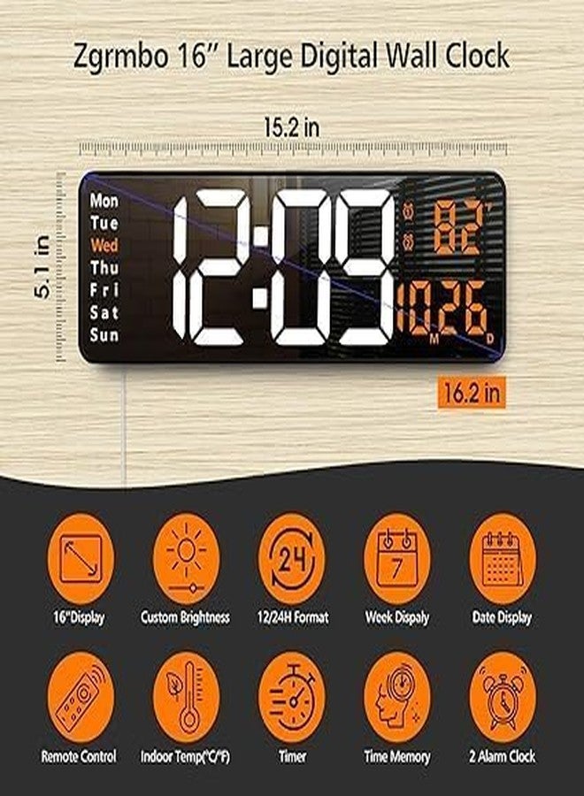 GALLY 16.2" Large LED Digital Wall Clock with Remote, Auto-Dimming, Date/Day/Temp, Dual Alarm & Countdown, 12/24-Hr - USB Powered, Wall & Table Use for Bedroom, Living Room, Office, Home Decor - Image 3