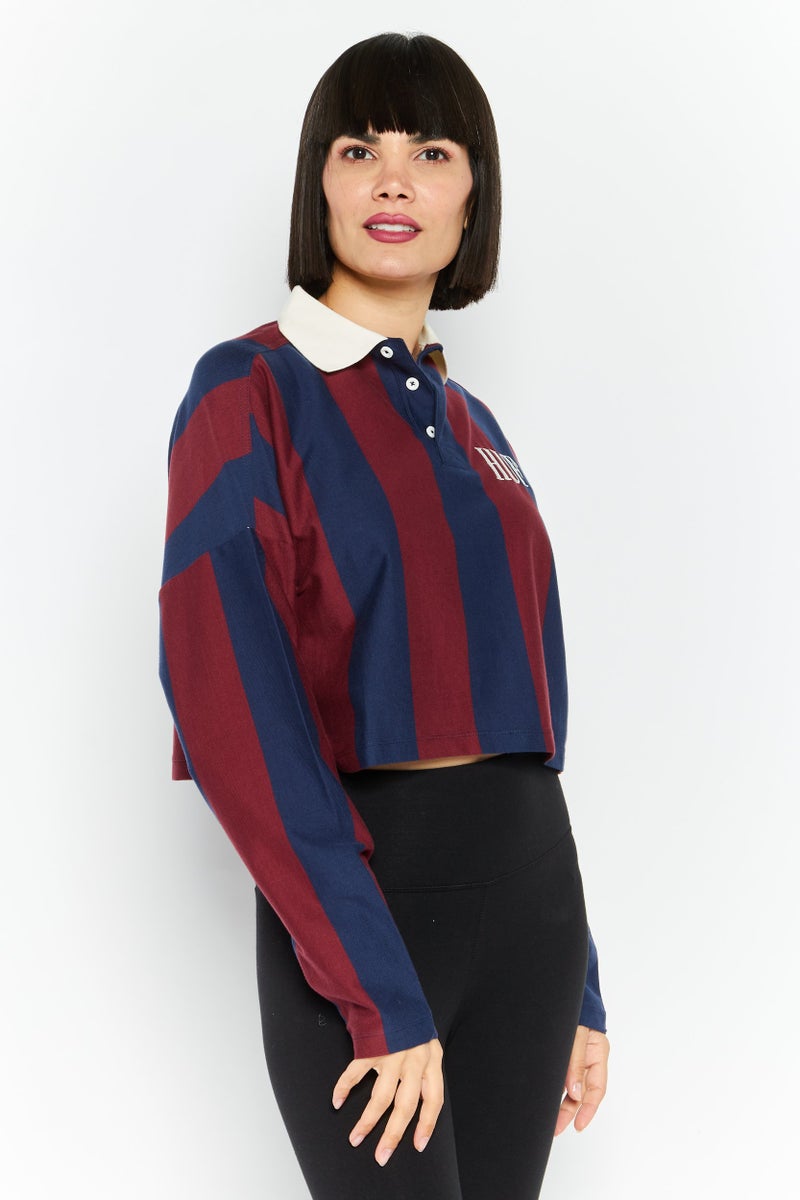 HUF قميص بولو مخطط بأكمام طويلة وياقة واسعة للنساء، أزرق داكن/بني - Image 1