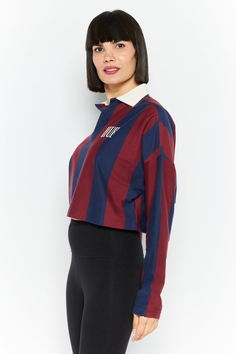 HUF قميص بولو مخطط بأكمام طويلة وياقة واسعة للنساء، أزرق داكن/بني - Image 3