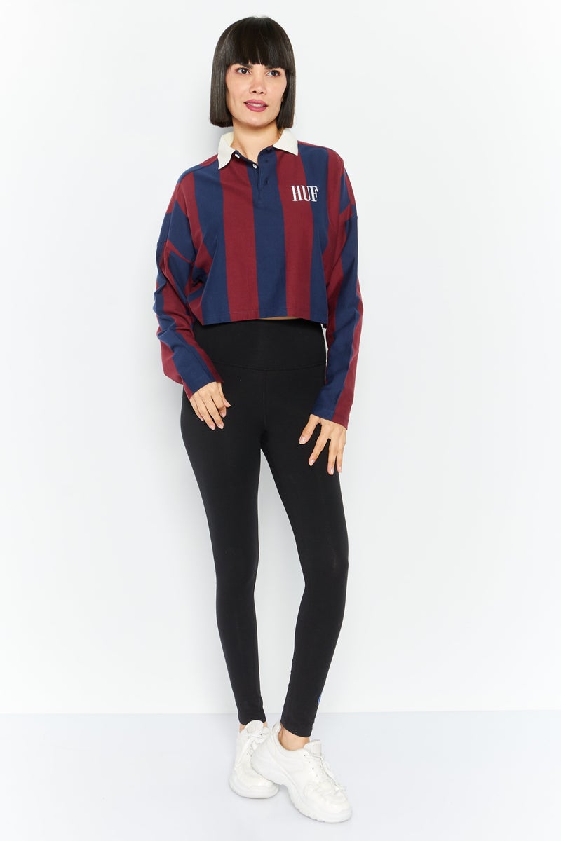 HUF قميص بولو مخطط بأكمام طويلة وياقة واسعة للنساء، أزرق داكن/بني - Image 2