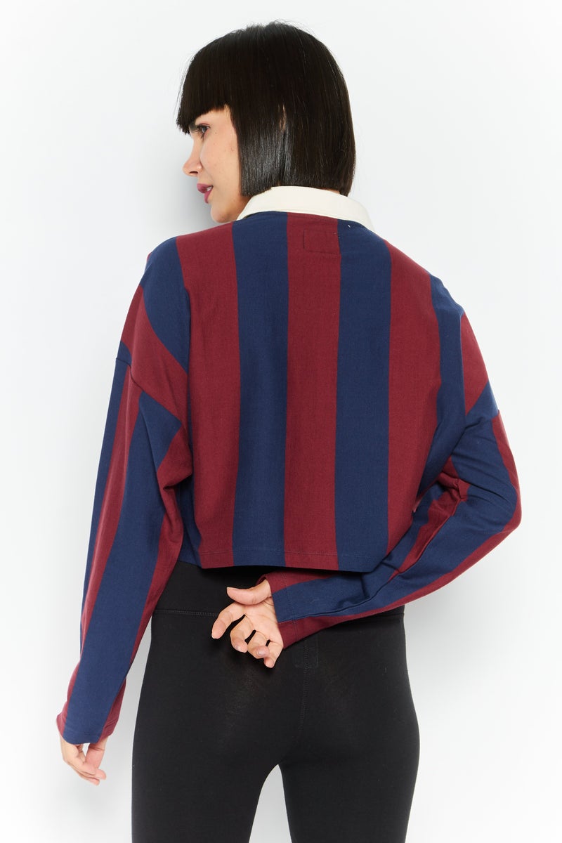 HUF قميص بولو مخطط بأكمام طويلة وياقة واسعة للنساء، أزرق داكن/بني - Image 4