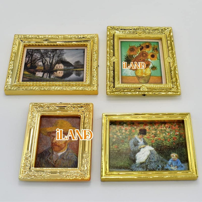 iLAND Miniature Dollhouse Accessories for Dollhouse Furniture on 1:12 Scale, Dollhouse Frames w/Printed Classic Paintings Set (4 Bright Golden Frames & Pictures) - Image 2