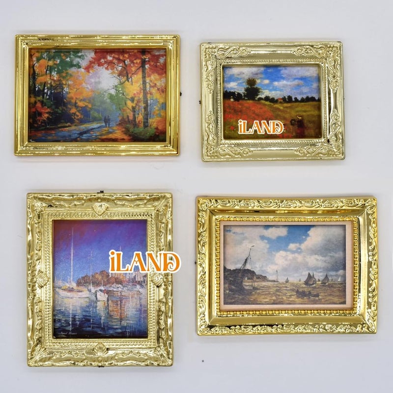iLAND Miniature Dollhouse Accessories for Dollhouse Furniture on 1:12 Scale, Dollhouse Frames w/Printed Classic Paintings Set (4 Bright Golden Frames & Pictures) - Image 3