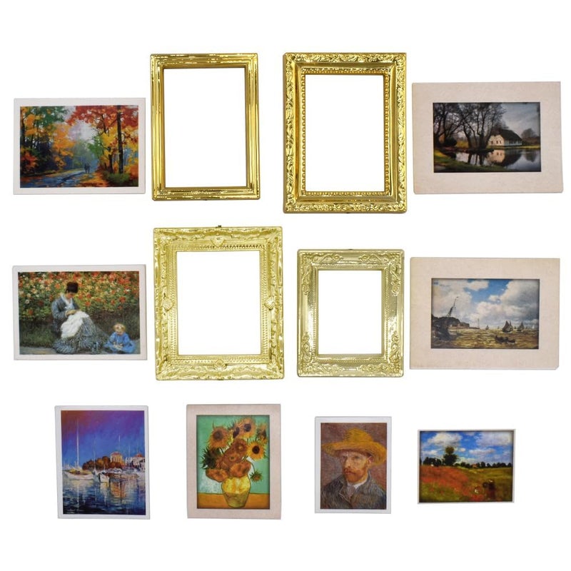iLAND Miniature Dollhouse Accessories for Dollhouse Furniture on 1:12 Scale, Dollhouse Frames w/Printed Classic Paintings Set (4 Bright Golden Frames & Pictures) - Image 1