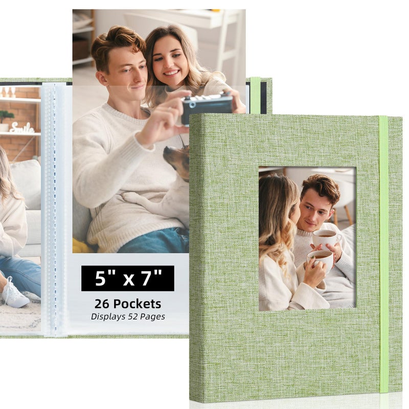 Remowith 5x7 Photo Album, Slip In Fabric Cover Scrapbook with Front Window, Holds 52 Photos (26 Pockets), for Baby, Wedding, Travel, Green - Image 1