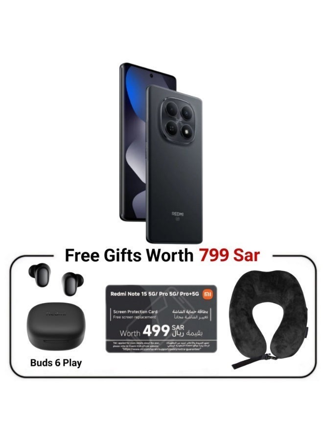 شاومي ريدمي نوت 15 5G ثنائي الشريحة أسود 8 جيجابايت رام 256 جيجابايت مع سماعات 6 بلاي (بطاقة حماية الشاشة الافتراضية داخل العلبة + وسادة) - النسخة العالمية - Image 1