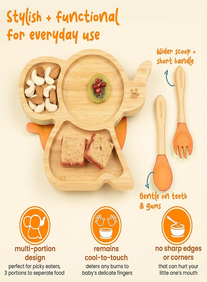 StarKiddo ® ‘Cute Bamboo Tusker Suction Plate’ Baby Plate for Kids and Baby-Led Weaning | 3 Sections | Non-Toxic | Super Strong Suction Cup - Natural Bamboo BPA Free Baby Plate (Orange) - Image 4