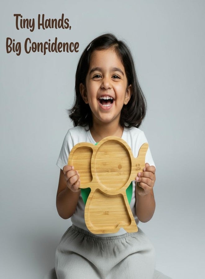 StarKiddo ® ‘Cute Bamboo Tusker Suction Plate’ Baby Plate for Kids and Baby-Led Weaning | 3 Sections | Non-Toxic | Super Strong Suction Cup - Natural Bamboo BPA Free Baby Plate (Orange) - Image 2