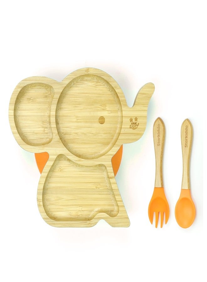 StarKiddo ® ‘Cute Bamboo Tusker Suction Plate’ Baby Plate for Kids and Baby-Led Weaning | 3 Sections | Non-Toxic | Super Strong Suction Cup - Natural Bamboo BPA Free Baby Plate (Orange) - Image 1