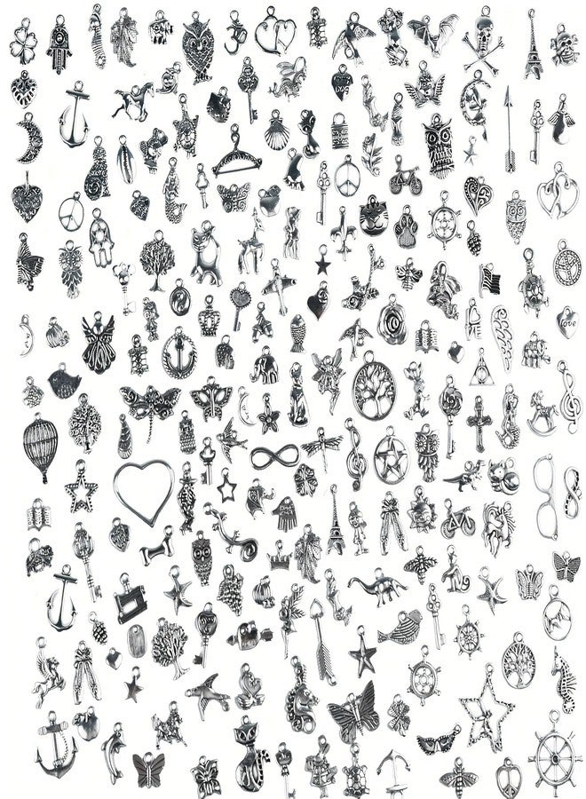 AebDerp Bulk Silver Jewelry Making Charms: 200 Pcs Metal Assorted Small Vintage Pendants for Earring Making,DIY Bracelet Necklace and Keychain, Graduation Hat Accessory, Halloween Mini Supply, Tiny Charm - Image 1