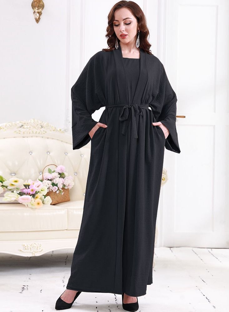 Loquat Women's Casual Long Dress Two-Piece Set Women's Solid Color Long Sleeves Abaya Suit Black 