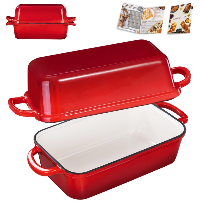 GRMlmosa GRMImosa 2 in 1 Cast Iron Loaf Pan wiht Lid, Bread Loaf Pans for Baking Bread 9x5, Sourdough Bread Baking Pan for Homemade Bread, Meatloaf, Cherry - Image 1
